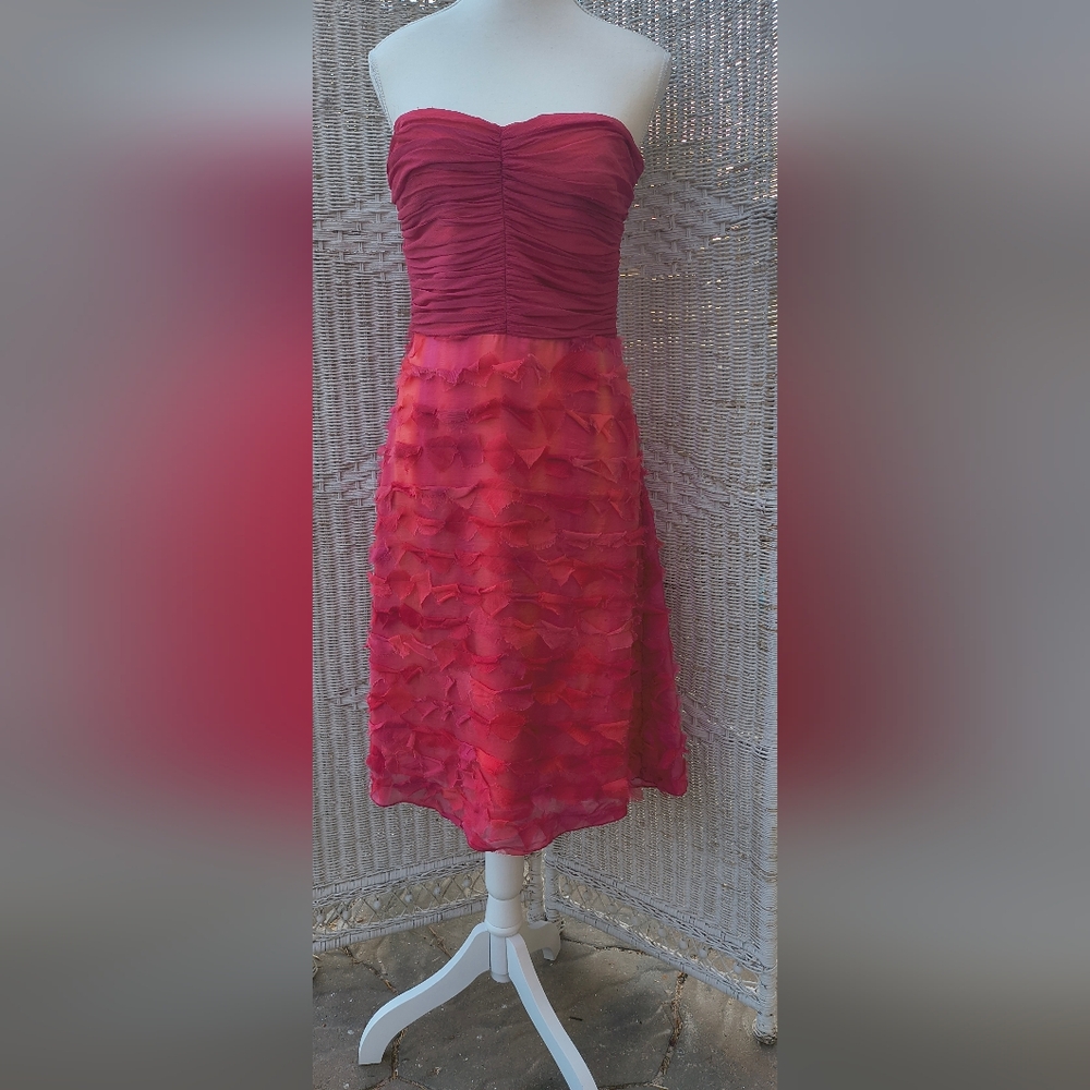 Jill Michelle Pink Cocktail Dress Strapless Size 4 Silk Ruched Bodice Ruffled